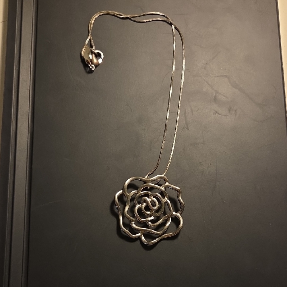Elegant Silver Tone Open Rose Pendant Necklace
